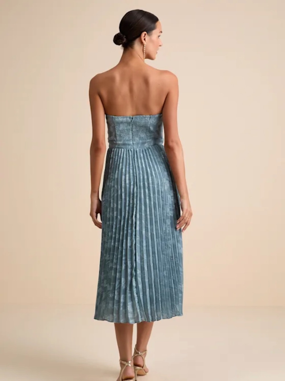 Lulu’s Perfectly Stunning Slate Blue Jacquard Strapless Midi Dress - Picture 2 of 5